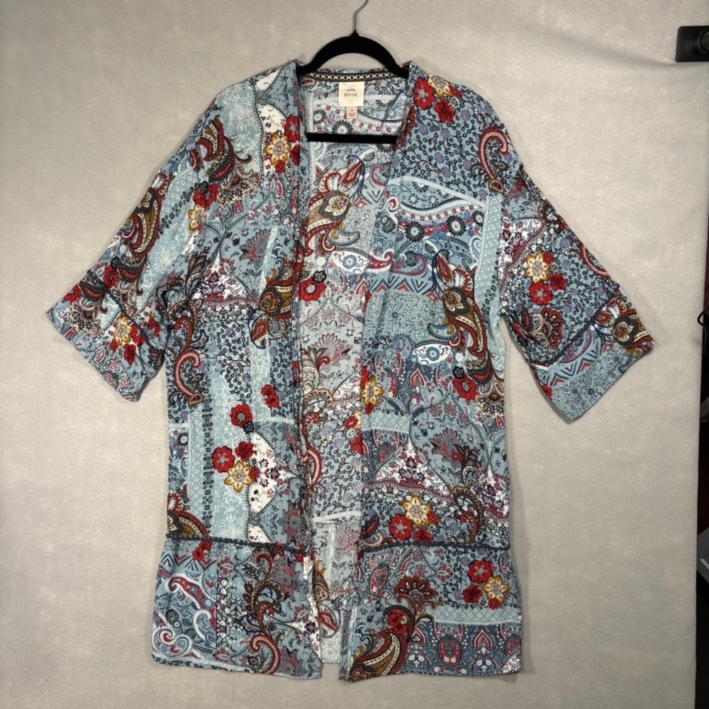 Knox Rose Blue Paisley Patchwork Kimono Small Pom Pom Trim Boho‎ Cardigan Boho